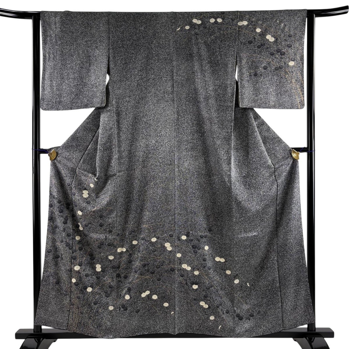 訪問着 身丈158.5cm 裄丈63cm S 袷 菊 金彩 黒灰 正絹 秀品｜中古