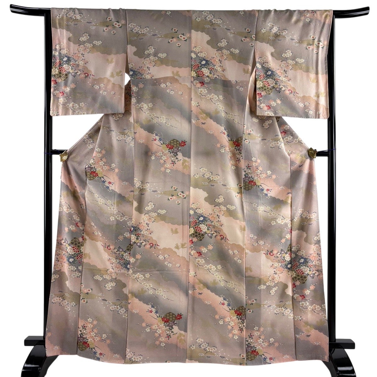 美品】 小紋 身丈168cm 裄丈65.5cm M 袷 花籠 枝梅 金彩 染め分け 薄