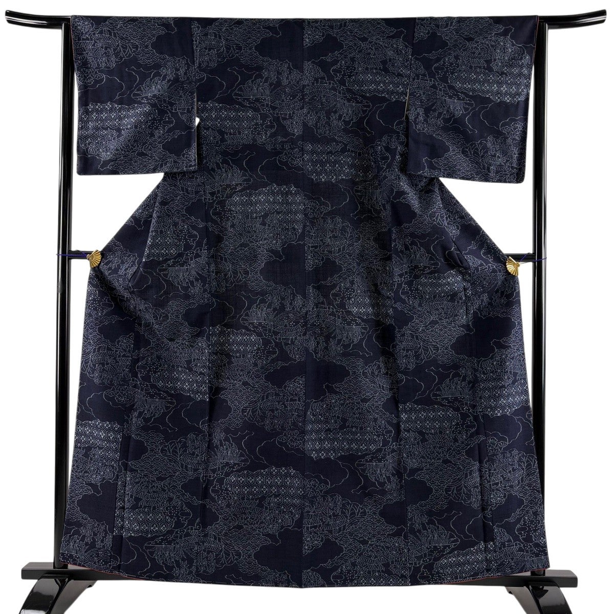 紬 身丈169cm 裄丈66.5cm M 袷 麻の葉 濃紺 正絹 優品｜中古・古着