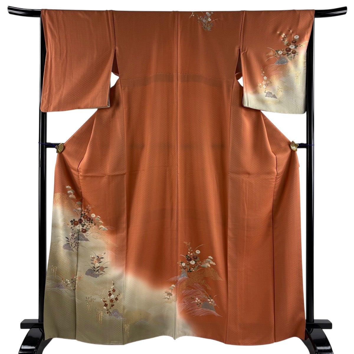 美品】 訪問着 身丈164cm 裄丈67cm M 袷 草花 波 金糸 金彩 オレンジ
