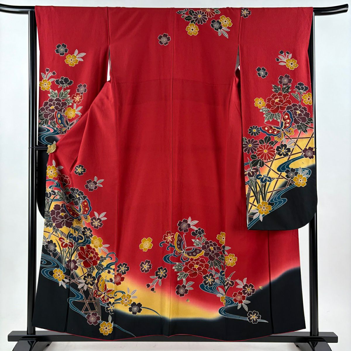 70%OFF 振袖 身丈158.5cm 裄丈64cm M 袷 花扇 鶴 金銀彩 染め分け 赤