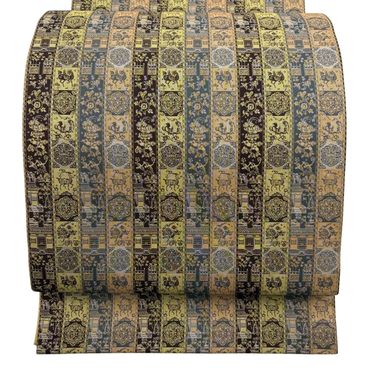 美品】 開き名古屋帯 逸品 龍村美術織物 紅牙瑞錦 金銀糸 からし色