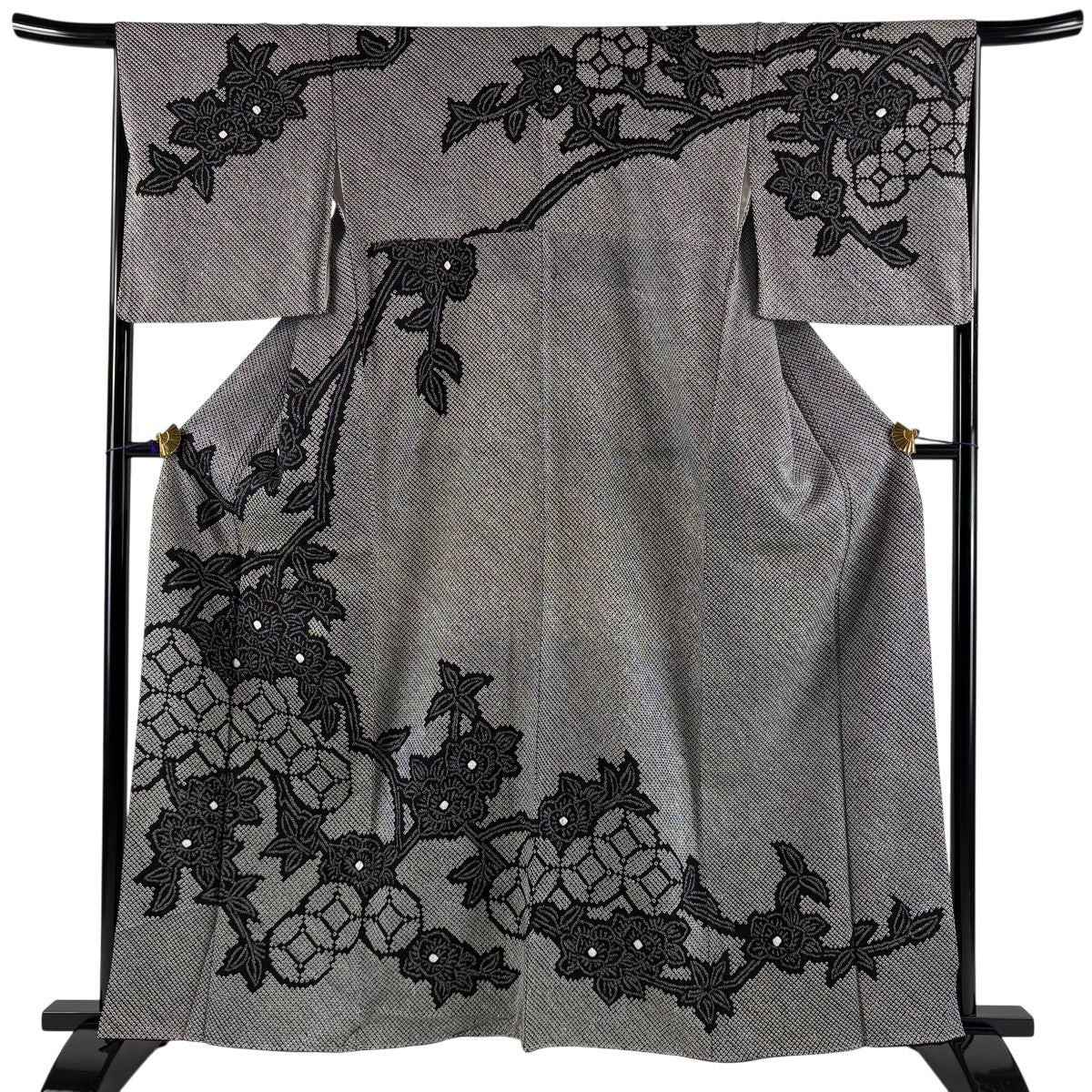 訪問着 身丈161cm 裄丈65.5cm M 袷 枝花 七宝 絞り 黒 正絹 秀品｜中古