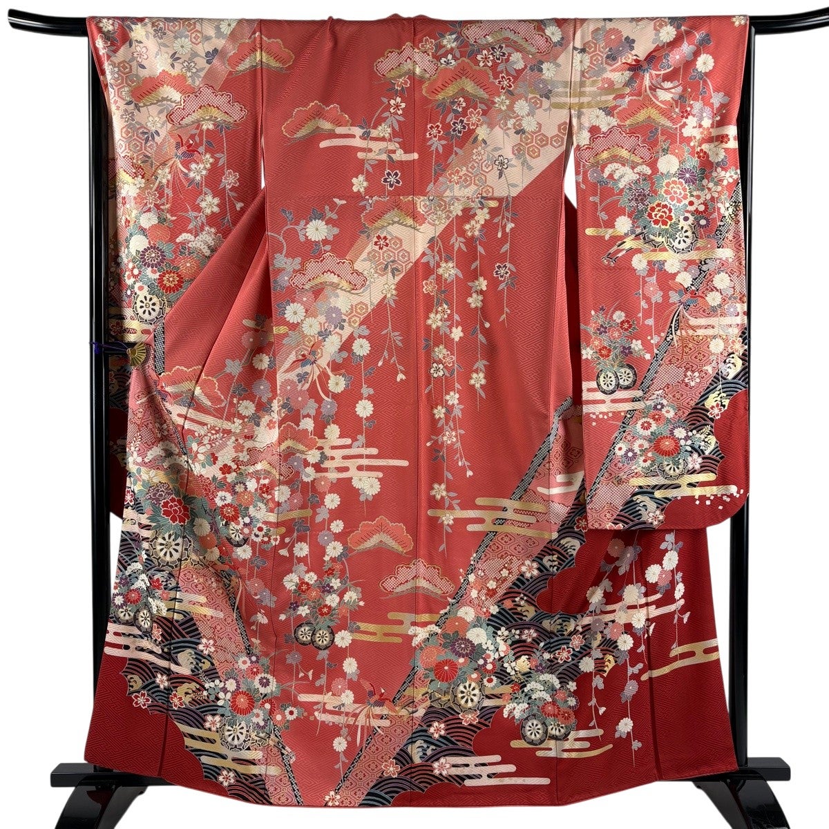 振袖 身丈161cm 裄丈67.5cm L 袷 花車 菊 金糸 金銀彩 ピンク 正絹 秀