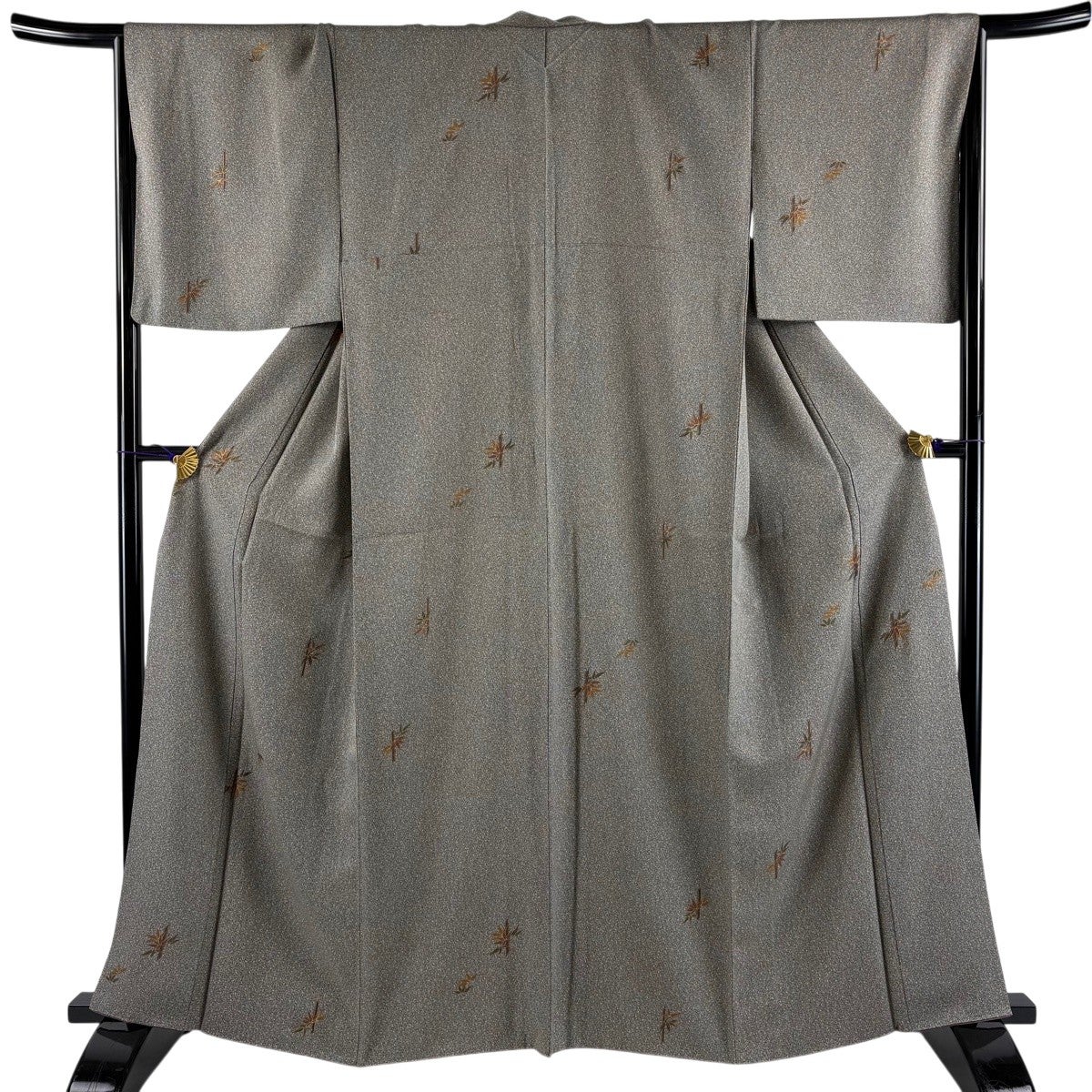美品】 小紋 身丈163.5cm 裄丈66cm M 袷 笹 幾何学模様 金彩 焦茶色
