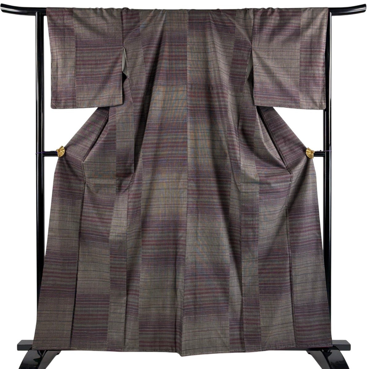 紬 身丈164.5cm 裄丈68cm L 袷 よろけ縞 茶紫 正絹 秀品｜中古・古着