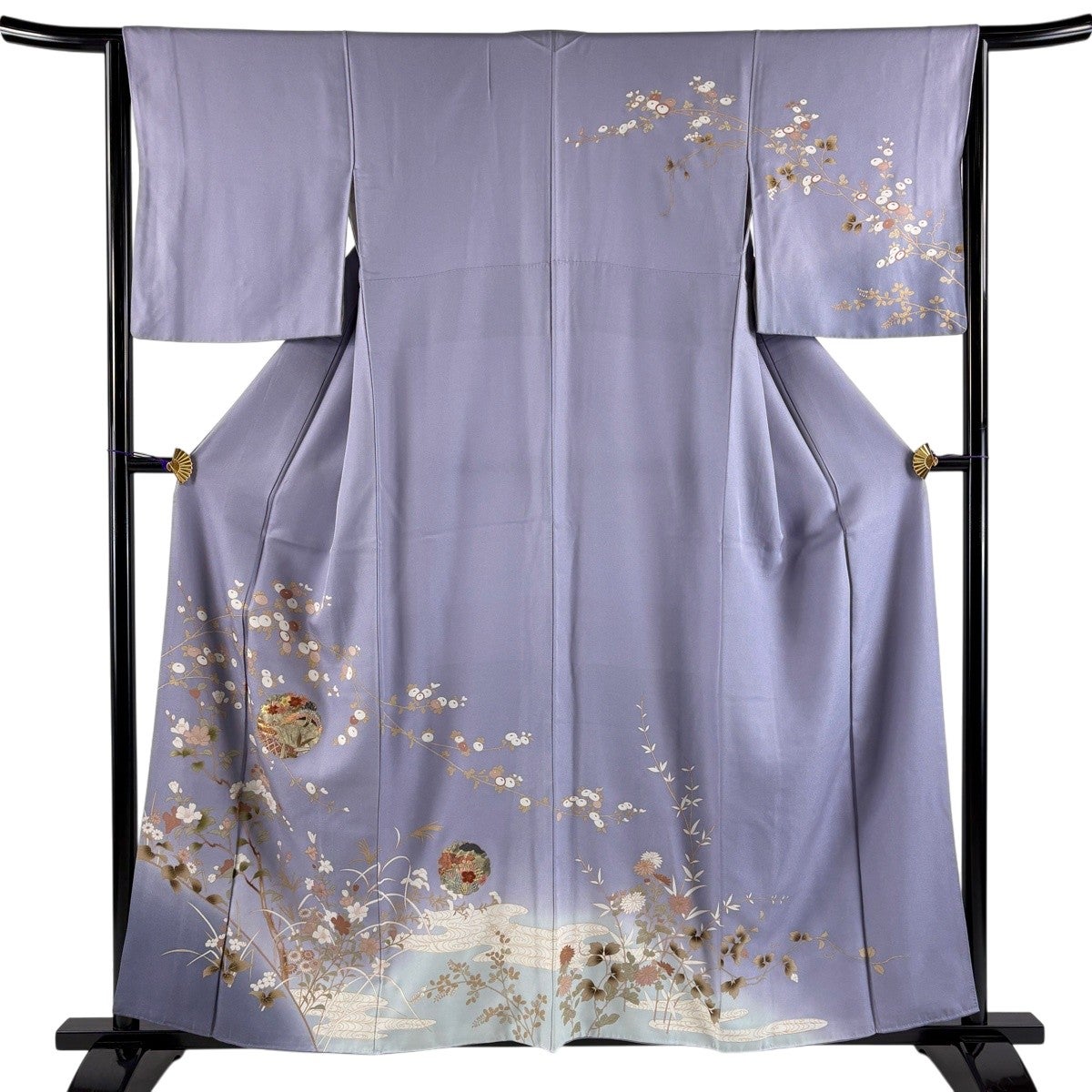 訪問着 身丈159cm 裄丈63.5cm S 袷 鶴 饅頭菊 刺繍 金彩 青紫 正絹 秀