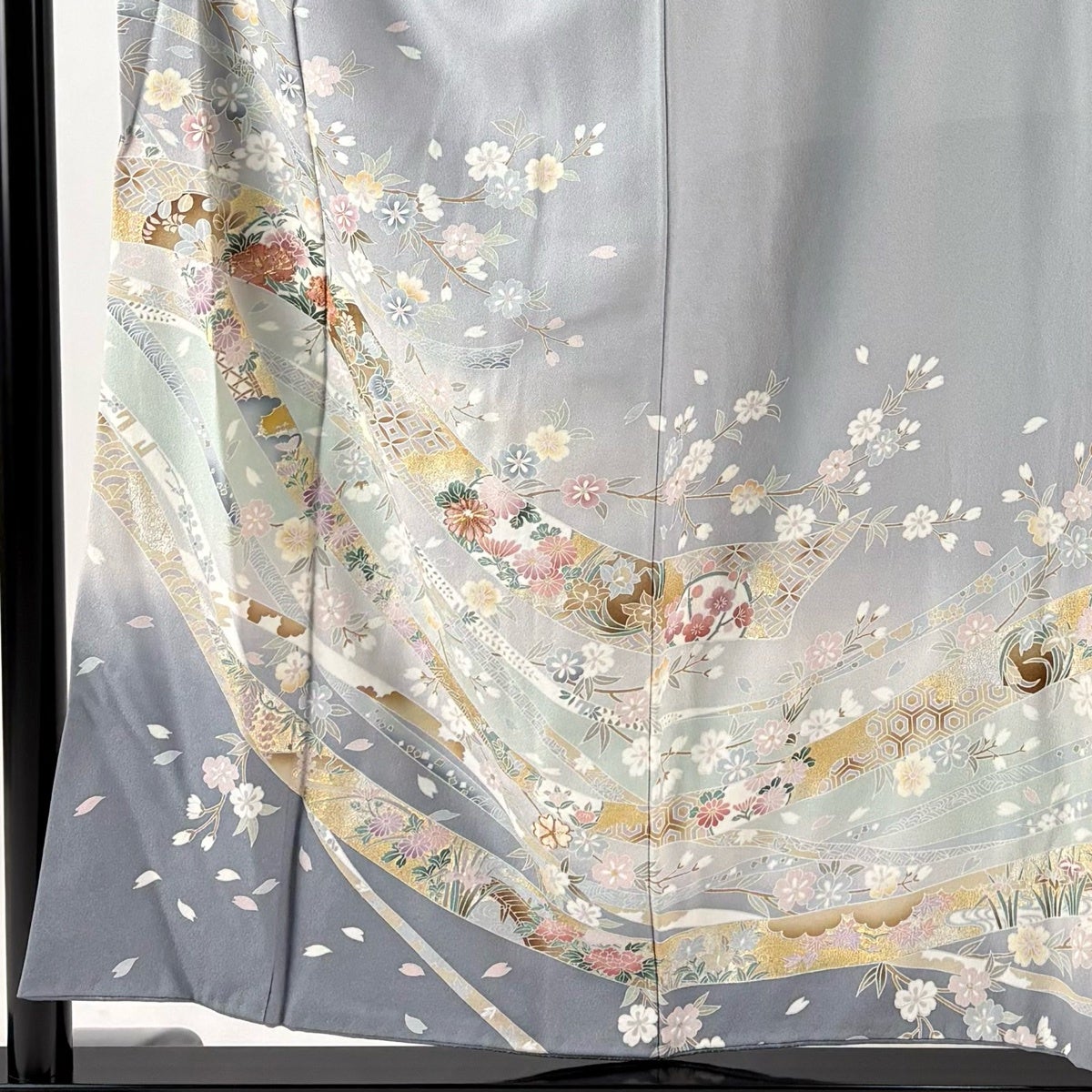 訪問着 身丈154cm 裄丈63.5cm S 袷 熨斗 枝垂れ桜 金銀彩 ぼかし 灰色