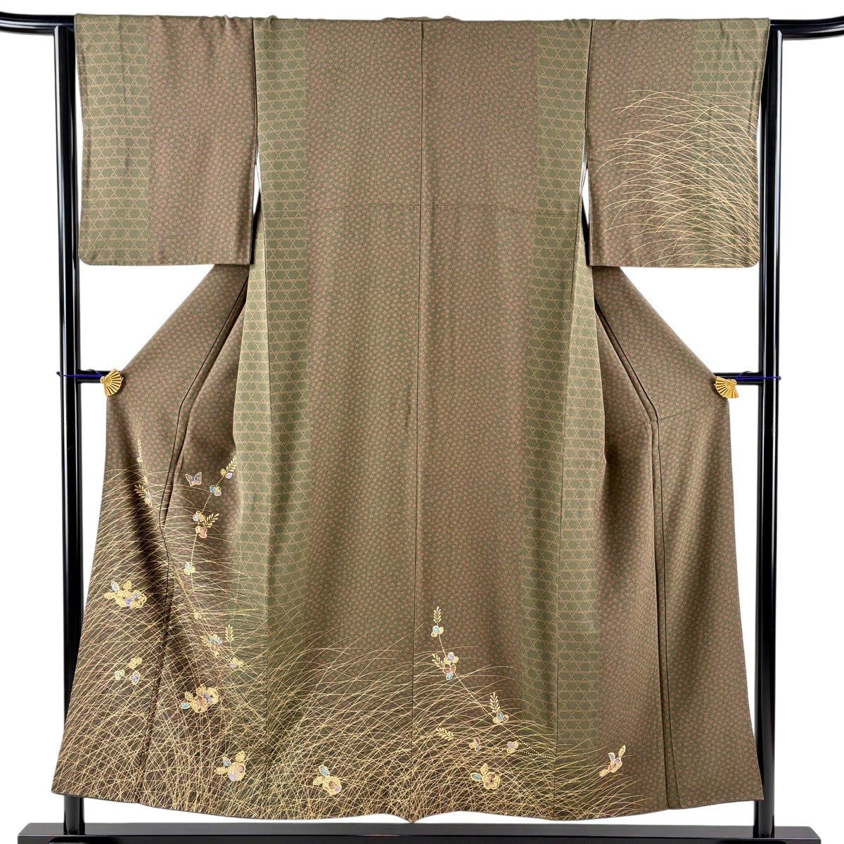 美品】 訪問着 身丈152cm 裄丈64cm M 袷 草花 芝 金彩 茶緑色 正絹 秀