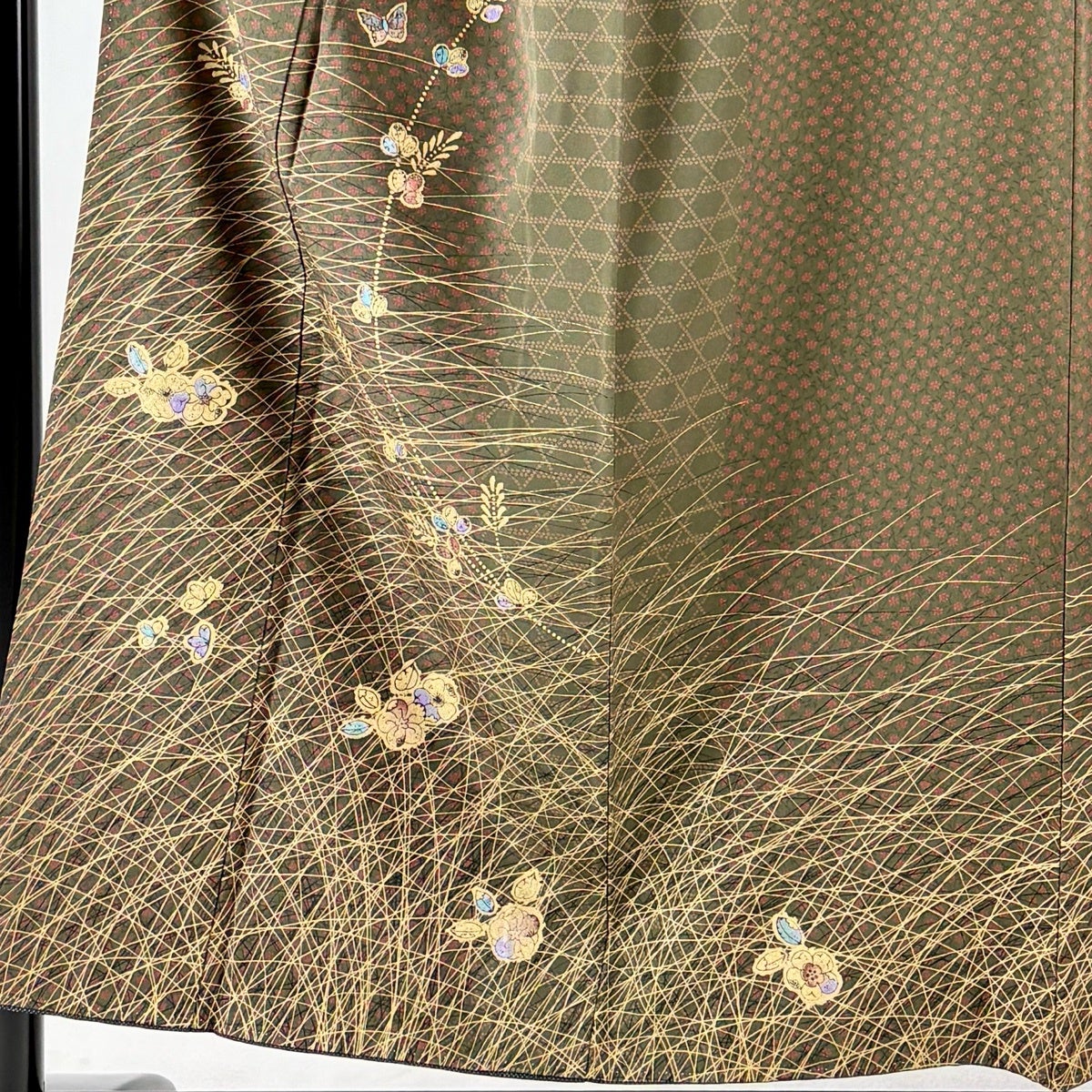 美品】 訪問着 身丈152cm 裄丈64cm M 袷 草花 芝 金彩 茶緑色 正絹 秀