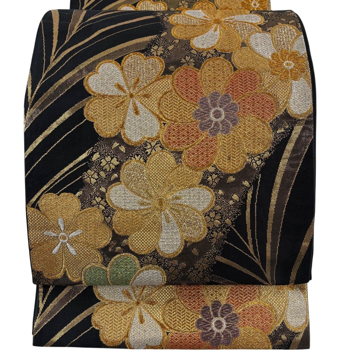 美品】 袋帯 秀品 桜 桜の花びら 金糸 箔 からし色 六通 正絹｜中古