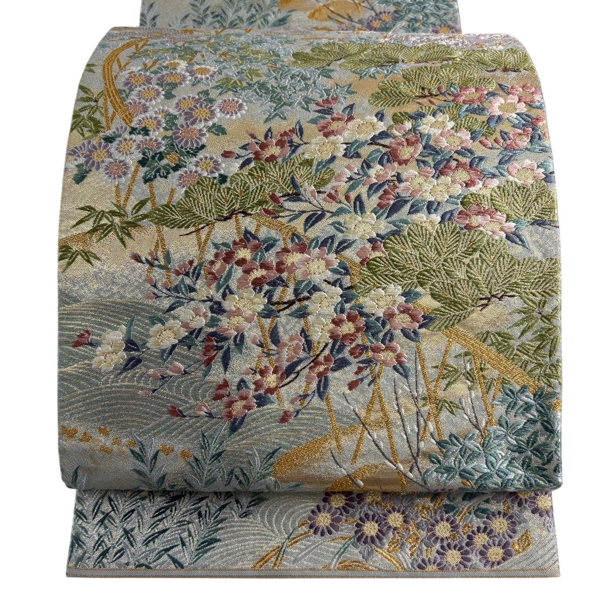 50%OFF 袋帯 秀品 関西仕立て 風景 松 金銀糸 箔 薄緑 六通 正絹 K50