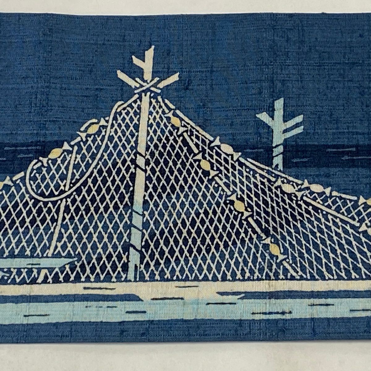 名古屋帯 逸品 山田貢 落款あり 紬地 網干 霞 青灰色 正絹｜中古・古着