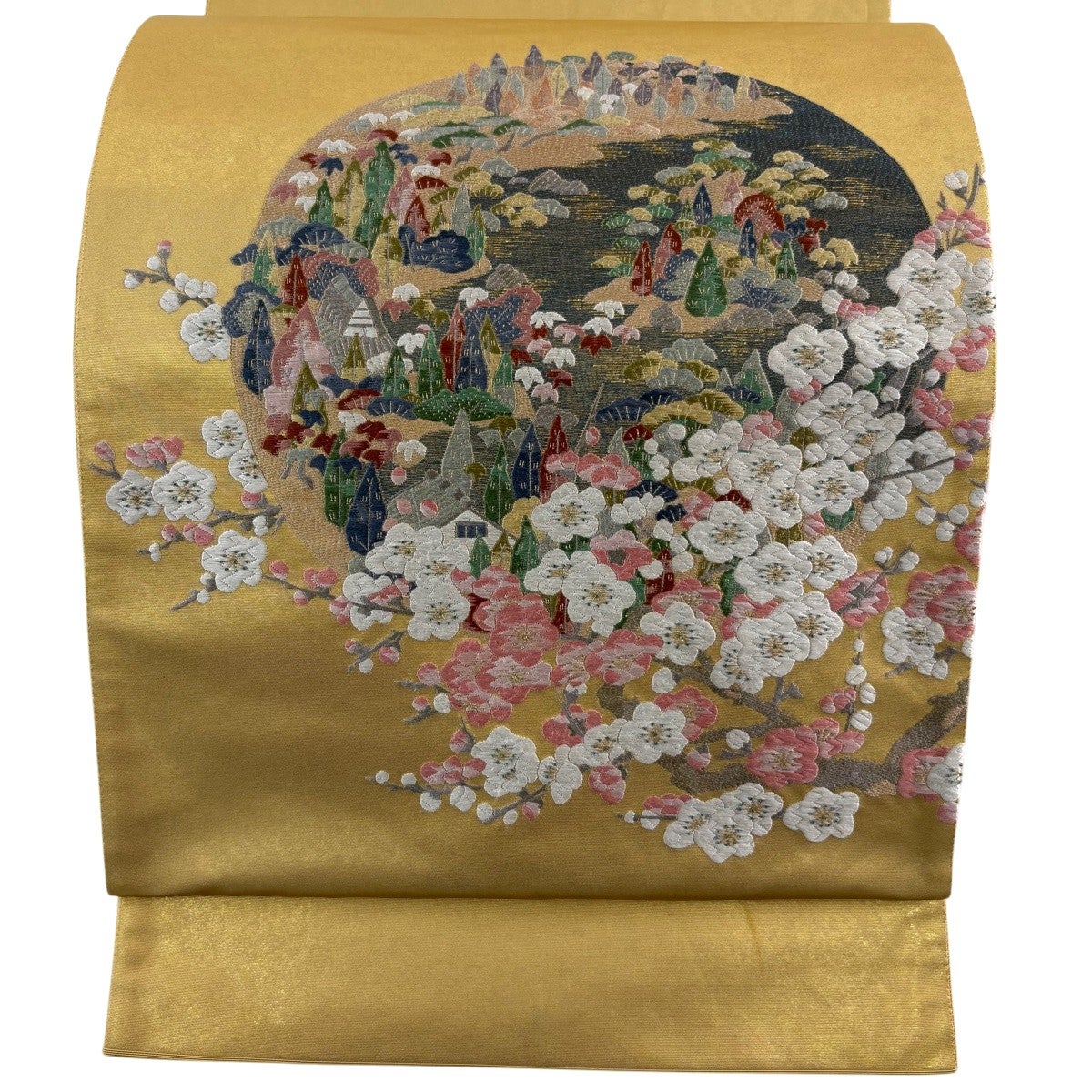 【美品】袋帯　螺鈿箔　風景　銀糸金糸　お太鼓柄 袋帯 秀品 枝梅 風景 金糸 箔 金色 お太鼓柄 正絹｜中古・古着