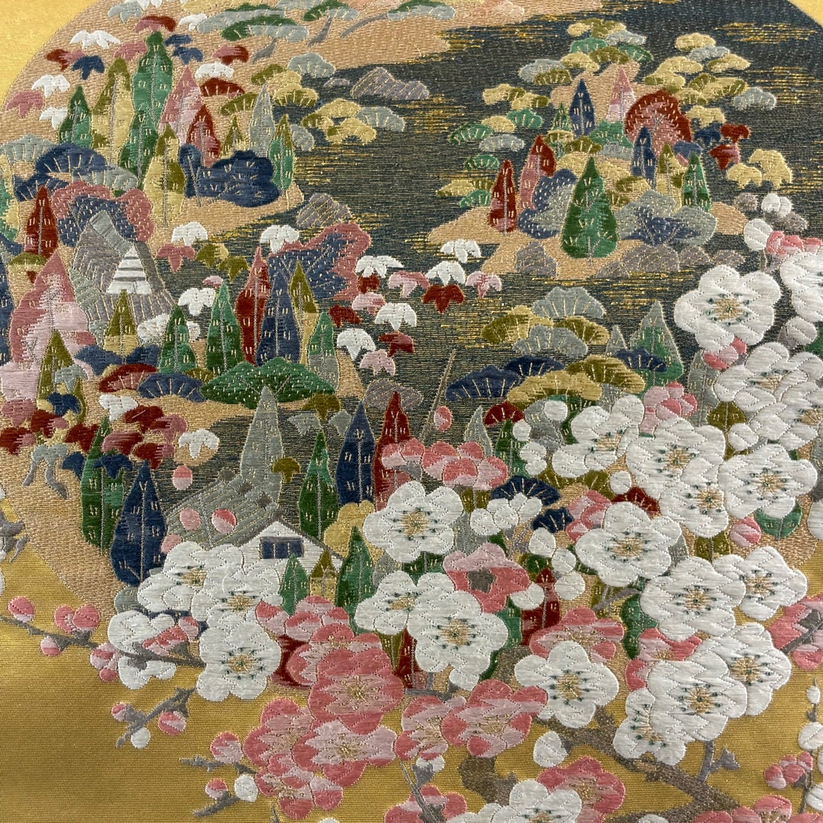 袋帯 秀品 枝梅 風景 金糸 箔 金色 お太鼓柄 正絹｜中古・古着
