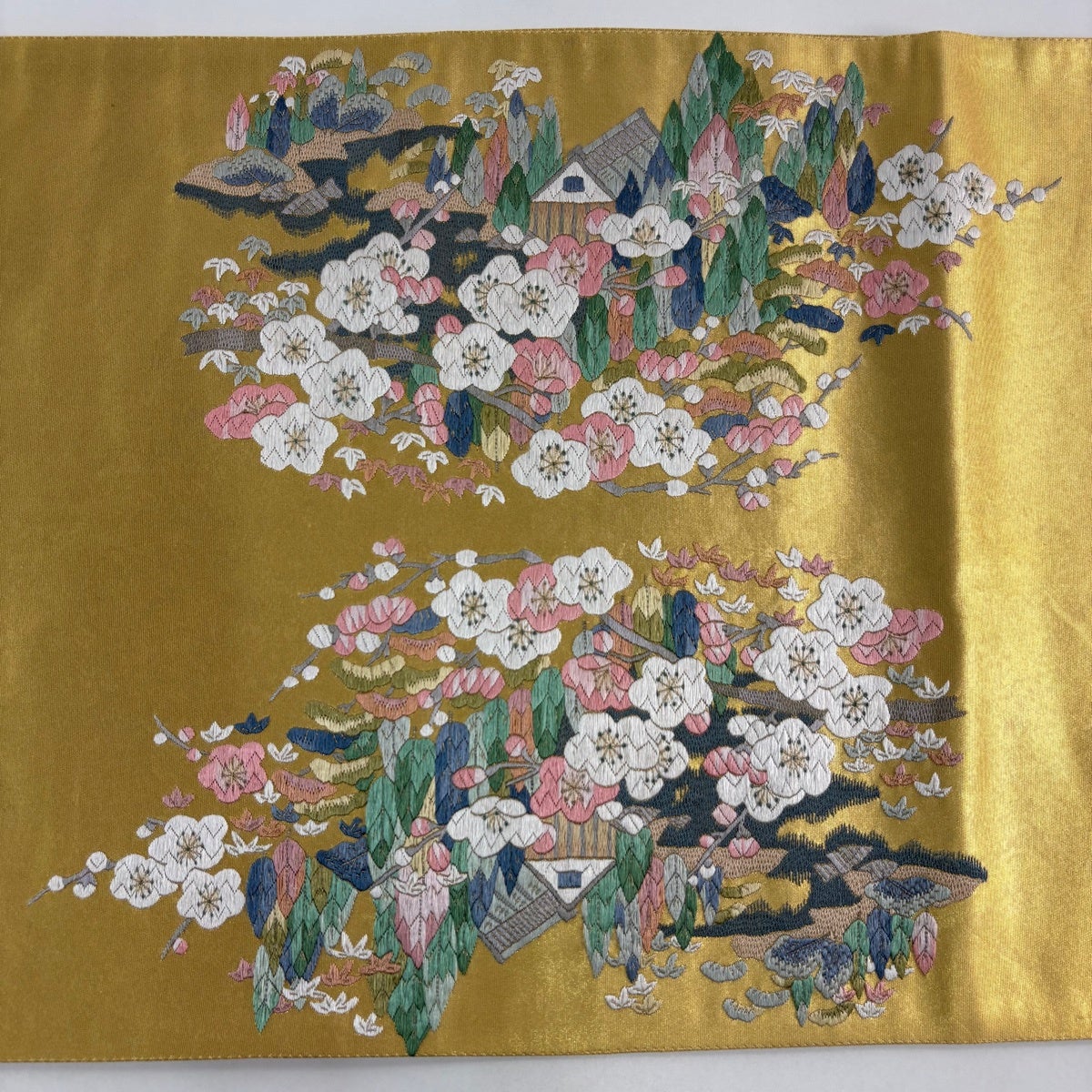 袋帯 秀品 枝梅 風景 金糸 箔 金色 お太鼓柄 正絹｜中古・古着