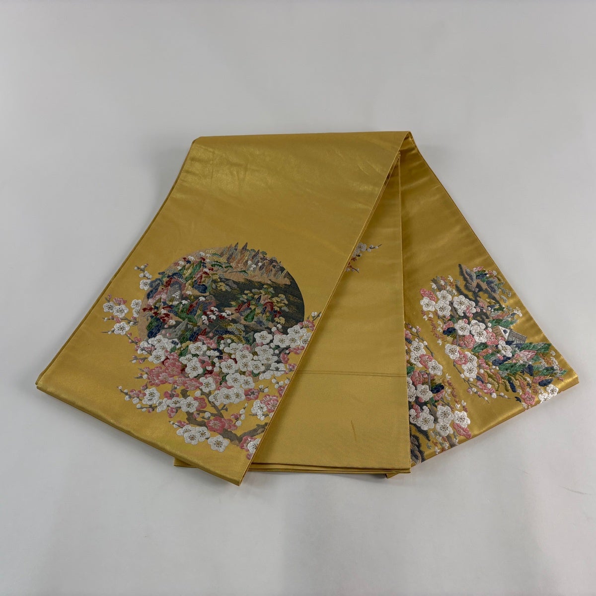 H-589 袋帯 正絹 お太鼓柄 金糸 鶴 松 佐賀錦 袋帯 秀品 枝梅 風景 金糸 箔 金色 お太鼓柄 正絹｜中古・古着