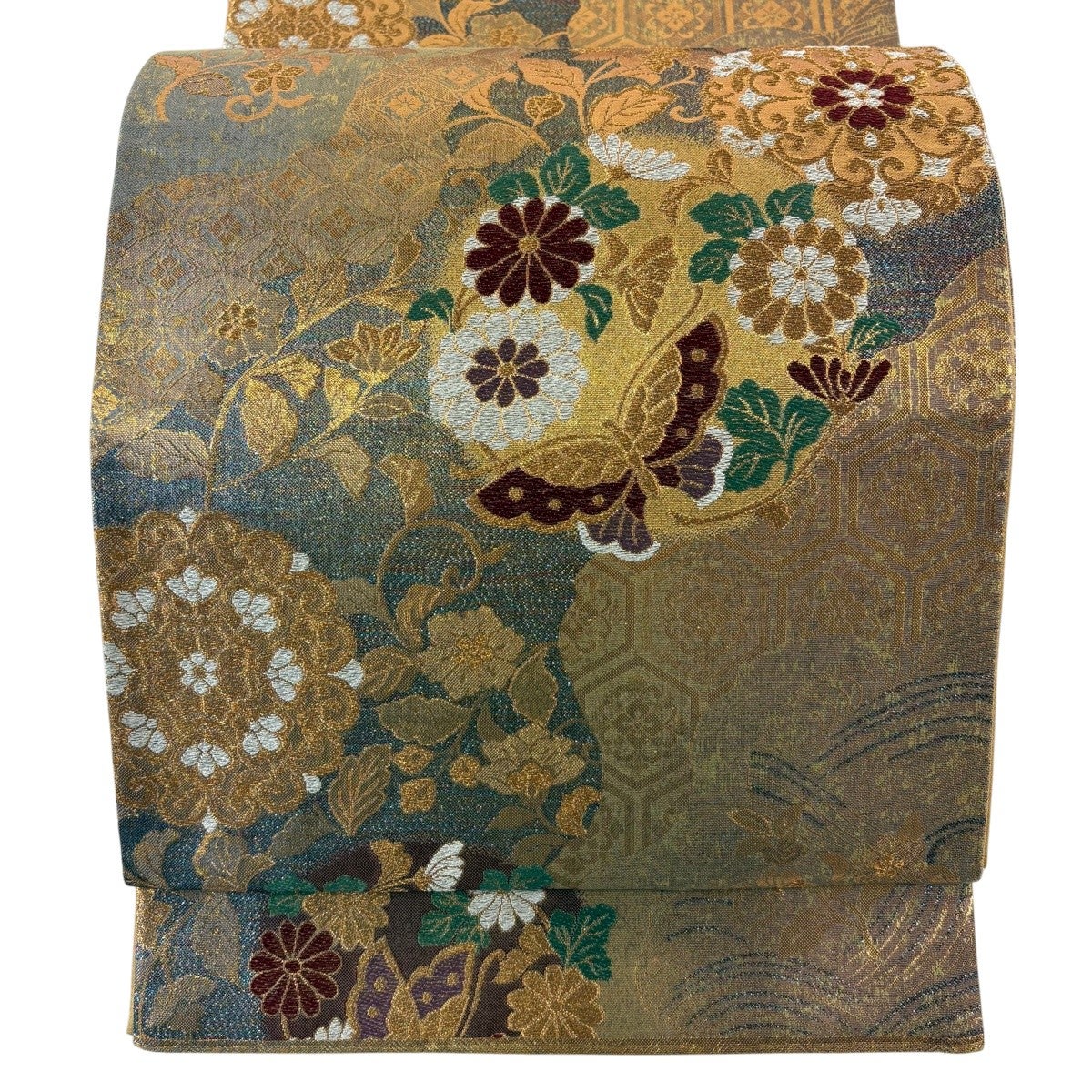 美品】 袋帯 秀品 華文 蝶 箔 金銀糸 金色 六通 正絹｜中古・古着