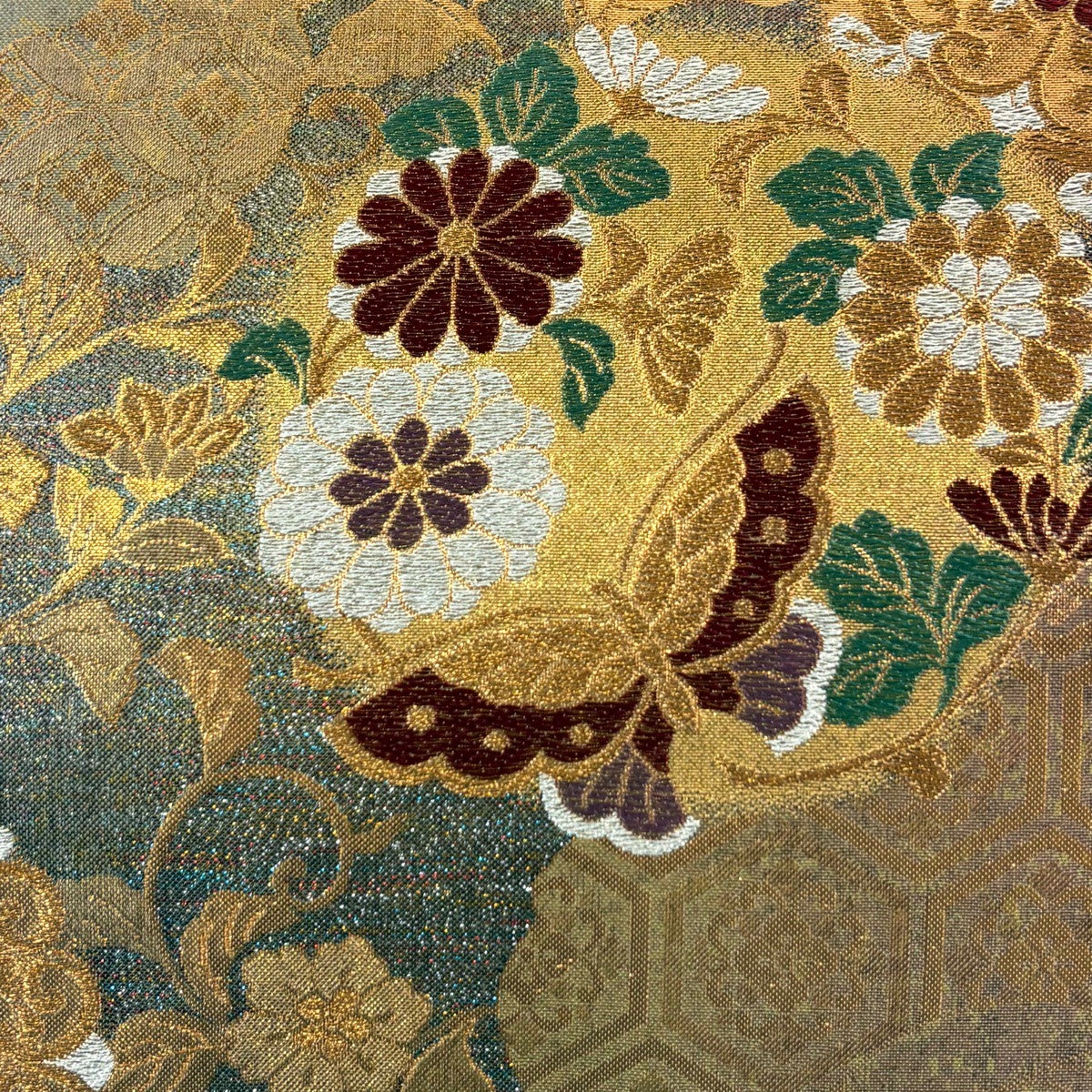 美品】 袋帯 秀品 華文 蝶 箔 金銀糸 金色 六通 正絹｜中古・古着
