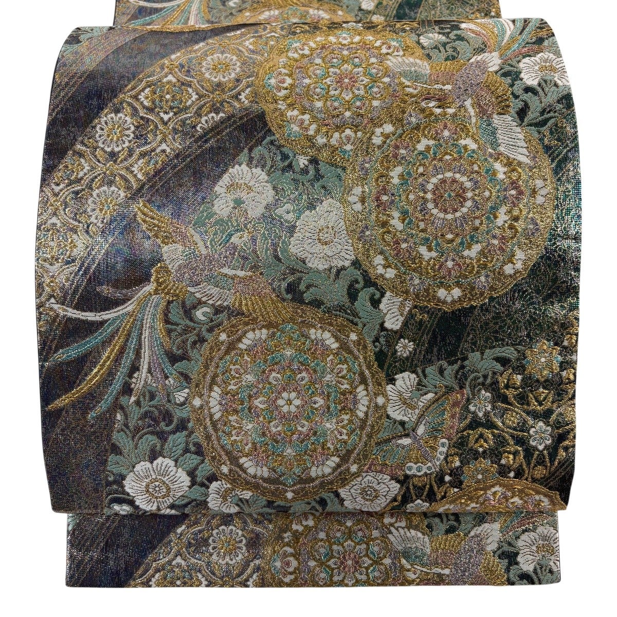 美品】 袋帯 秀品 華文 花鳥 金銀糸 箔 緑 六通 正絹｜中古・古着