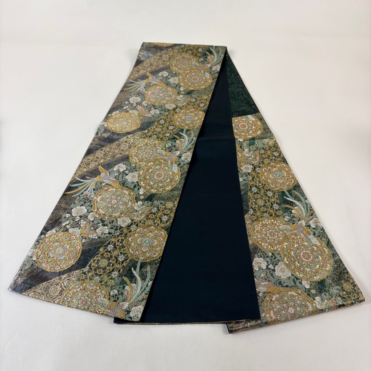美品】 袋帯 秀品 華文 花鳥 金銀糸 箔 緑 六通 正絹｜中古・古着