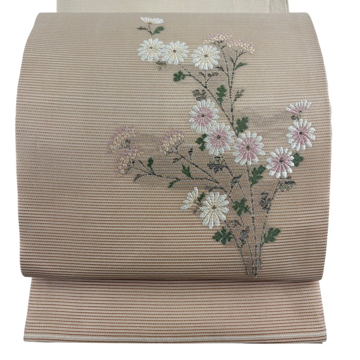 開き名古屋帯 優品 夏帯 絽 菊 女郎花 ベージュ 正絹｜中古・古着