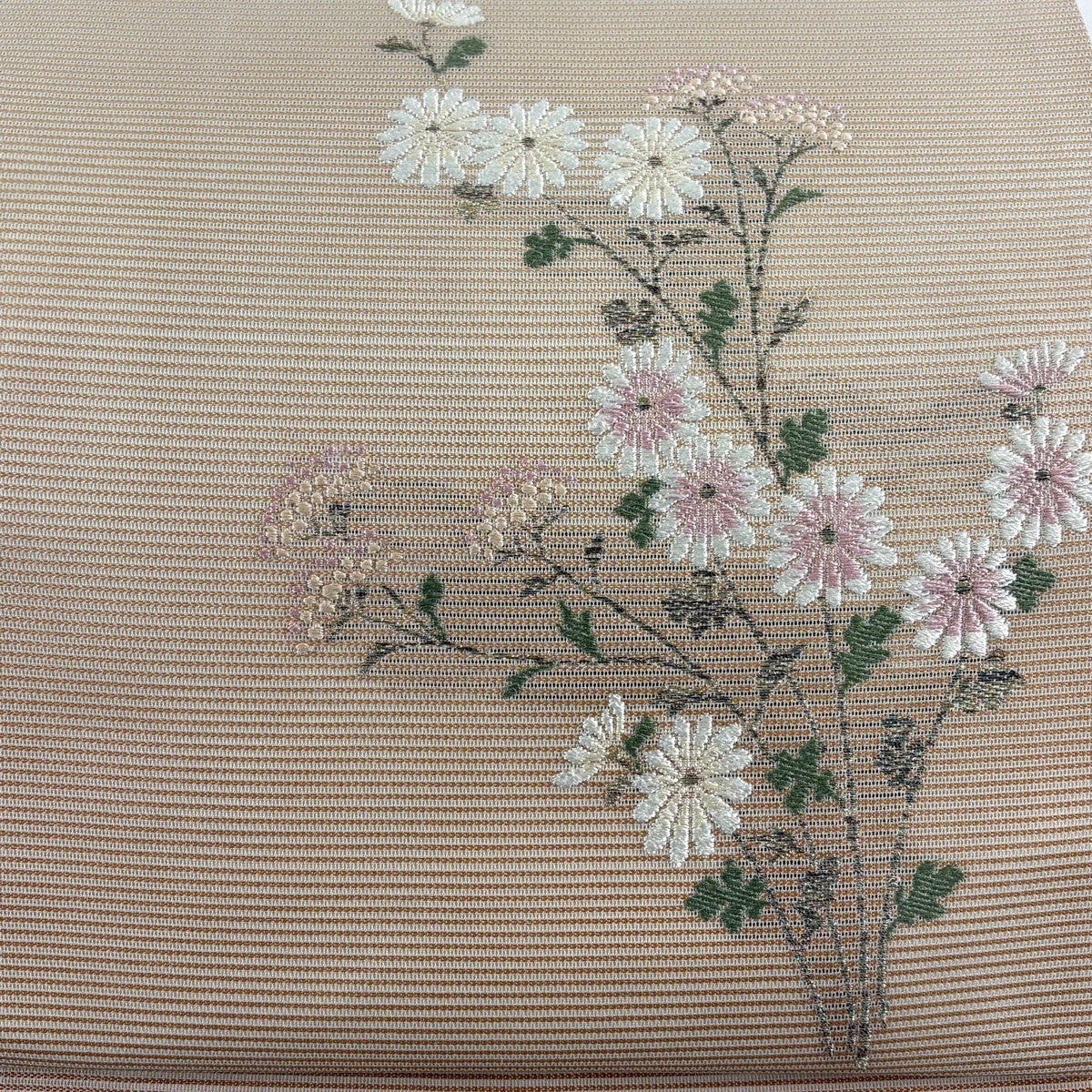 開き名古屋帯 優品 夏帯 絽 菊 女郎花 ベージュ 正絹｜中古・古着
