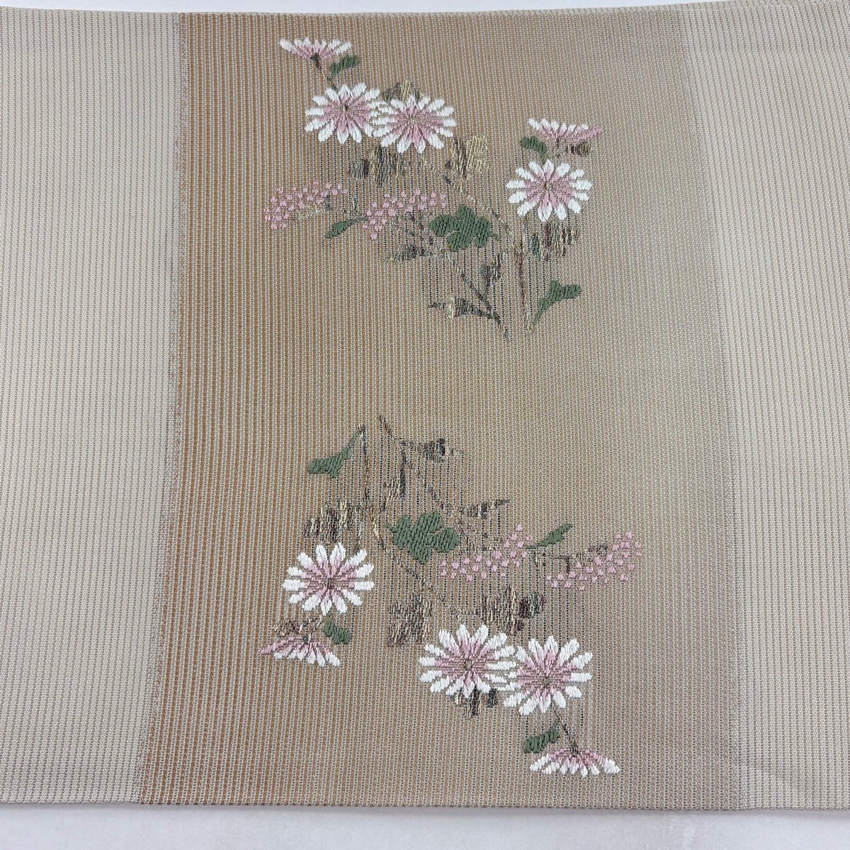 開き名古屋帯 優品 夏帯 絽 菊 女郎花 ベージュ 正絹｜中古・古着