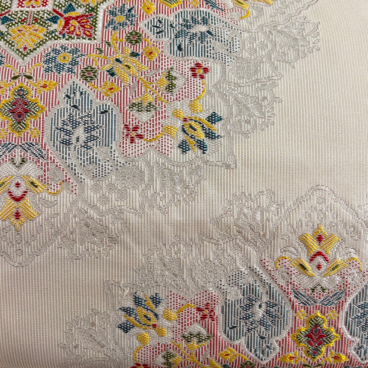 美品】 名古屋帯 優品 八寸名古屋帯 松葉仕立て 華文 草花 銀糸