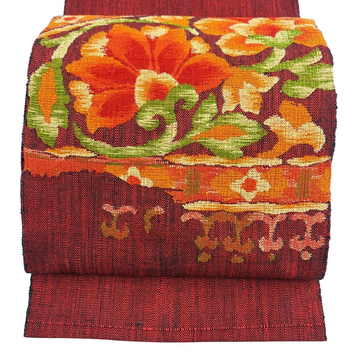 美品】 袋名古屋帯 優品 花唐草 えんじ色 正絹｜中古・古着