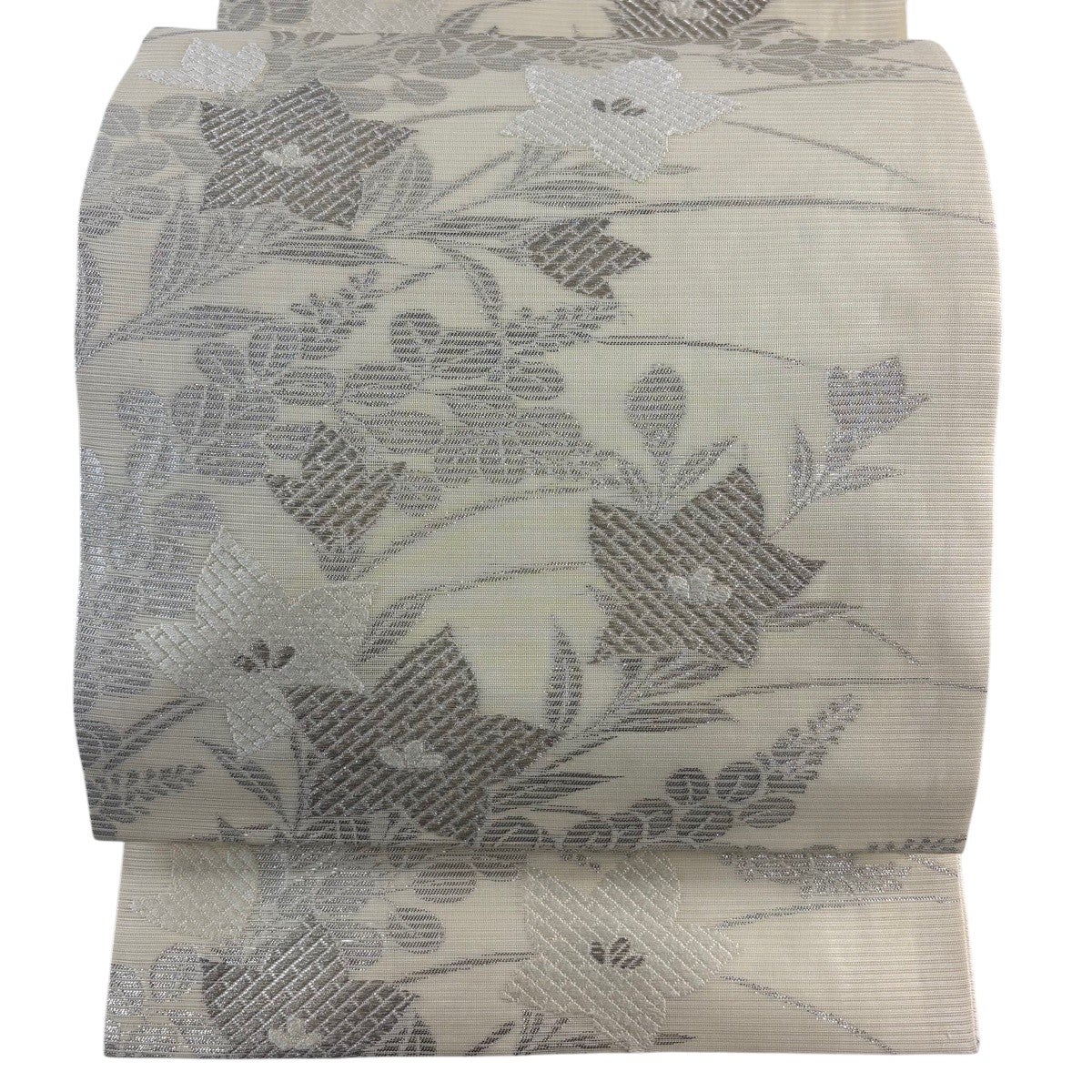 美品】 開き名古屋帯 優品 夏帯 絽 桔梗 草花 銀糸 クリーム 正絹