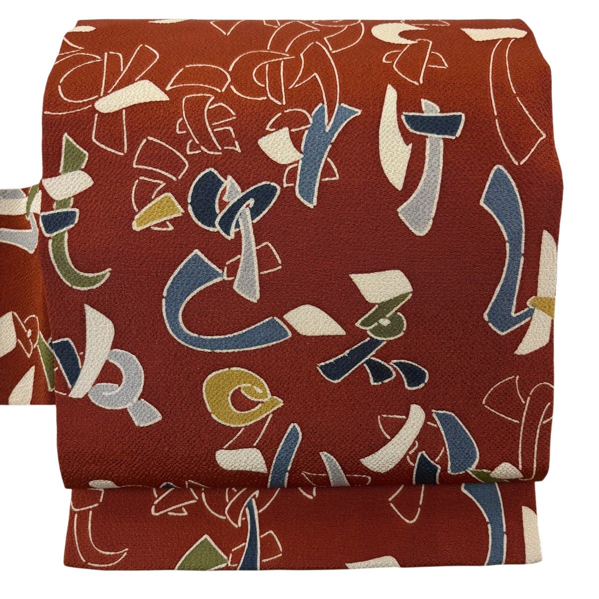 美品】 名古屋帯 逸品 栗山吉三郎 文字 縮緬 赤茶 正絹｜中古・古着