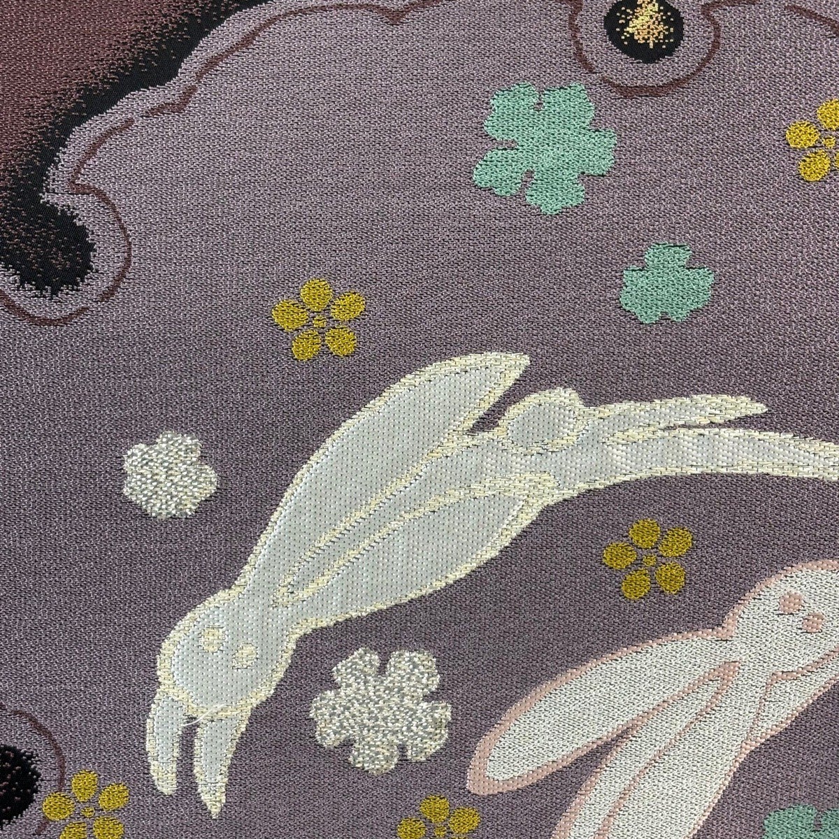 美品】 袋帯 逸品 うさぎ 雪輪 銀糸 箔 紫 六通 正絹｜中古・古着