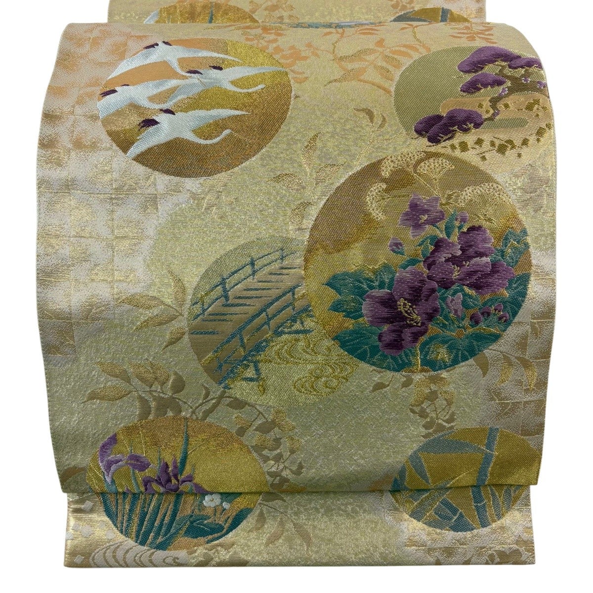 古代帝王紫 袋帯 金糸 華文 正絹 六通 D338 袋帯 逸品 じゅらく 落款あり 帝王紫 鶴 草花 金糸 箔 金色 六通 正絹