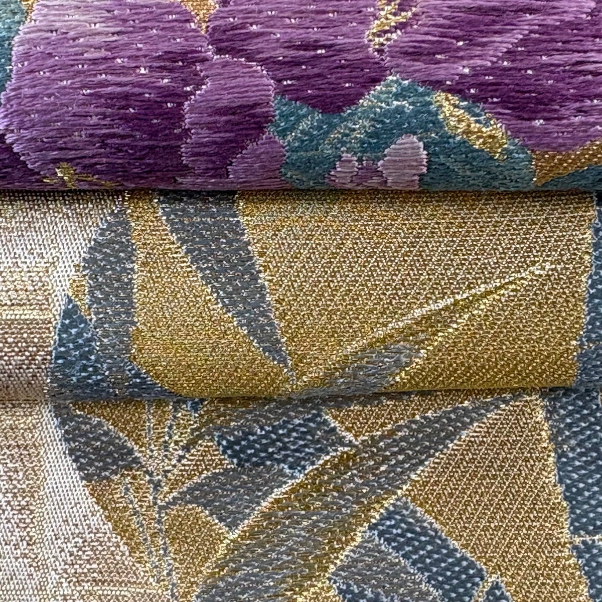袋帯 逸品 じゅらく 落款あり 帝王紫 鶴 草花 金糸 箔 金色 六通 正絹
