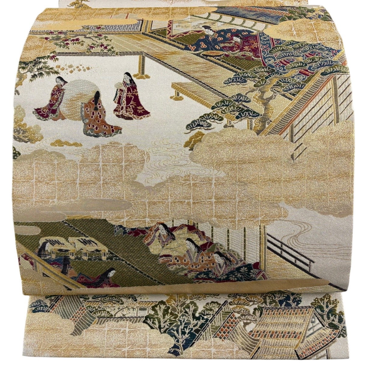 美品】 袋帯 名品 人物 雲文 金糸 箔 金色 お太鼓柄 正絹｜中古・古着