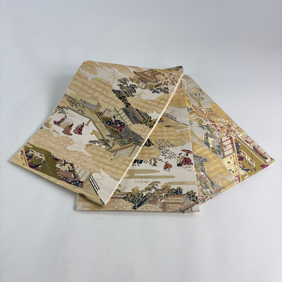 美品】 袋帯 名品 人物 雲文 金糸 箔 金色 お太鼓柄 正絹｜中古・古着