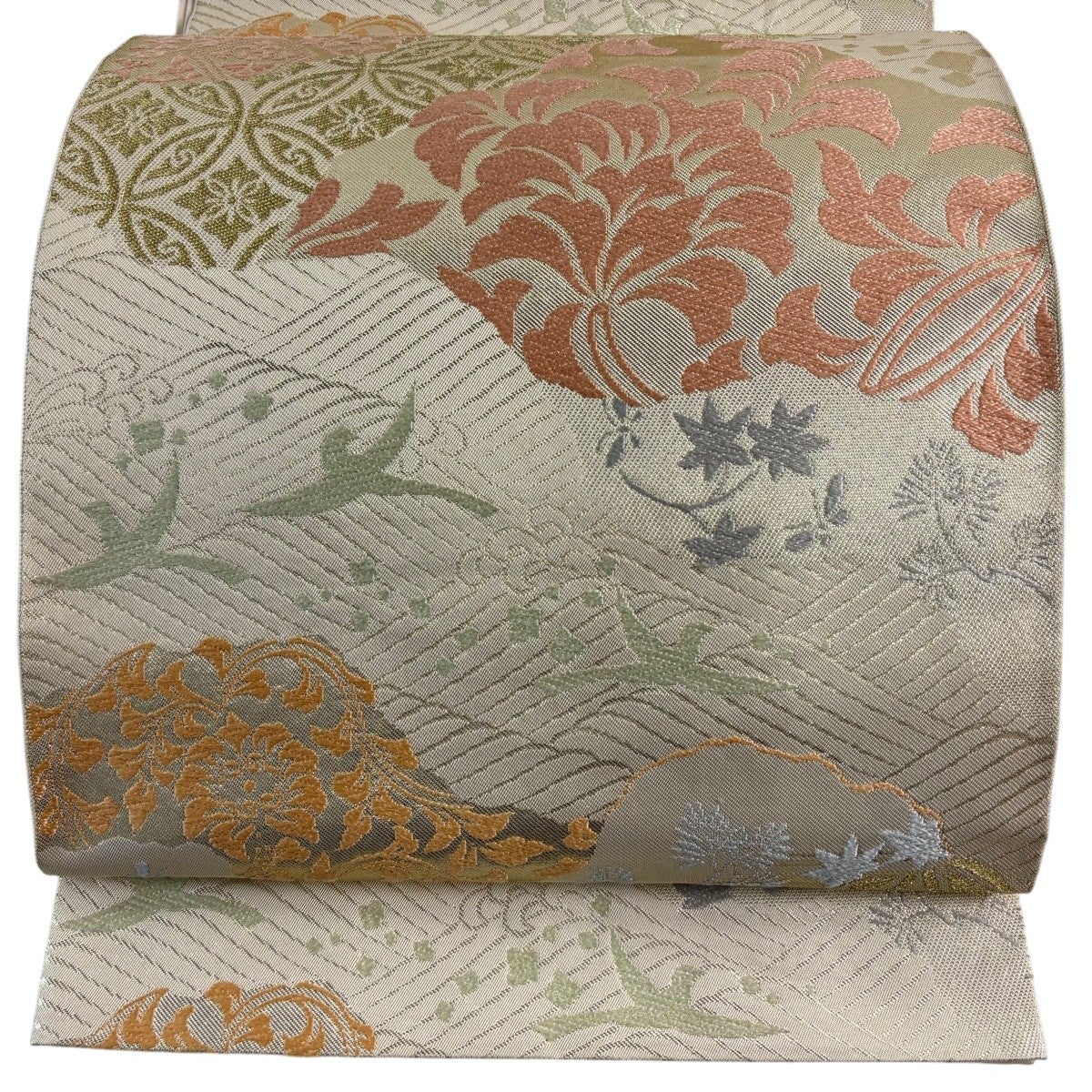 袋帯 名品 川島織物 落款あり 草花 七宝 金糸 箔 クリーム 六通 正絹