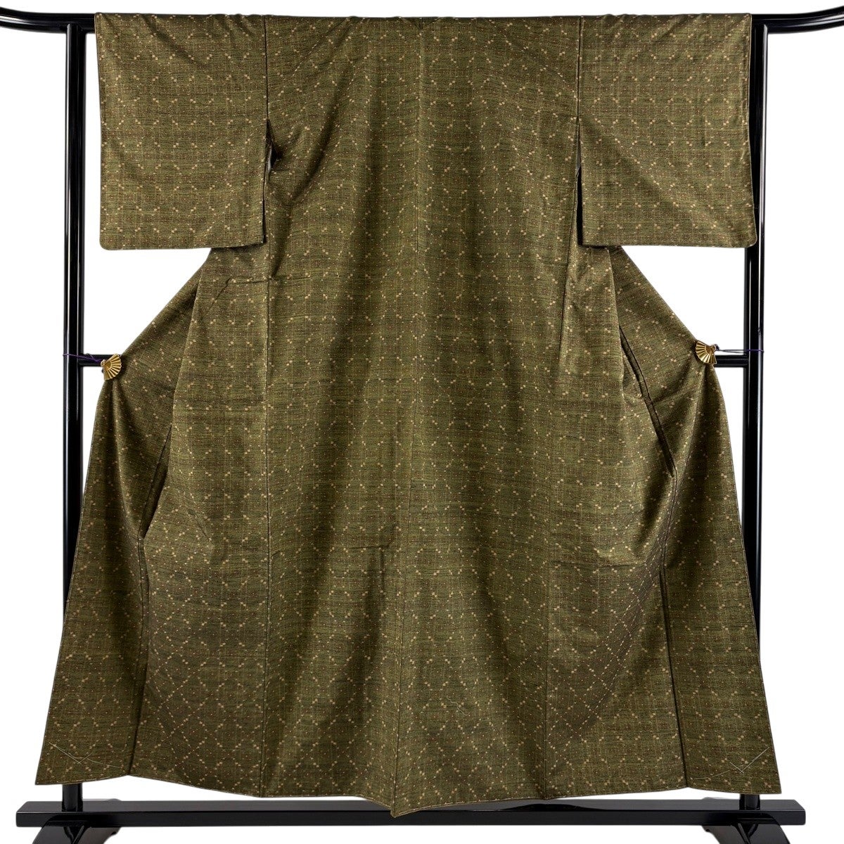 美品】 紬 身丈156cm 裄丈63cm S 袷 縦縞 幾何学模様 茶緑色 正絹 逸品