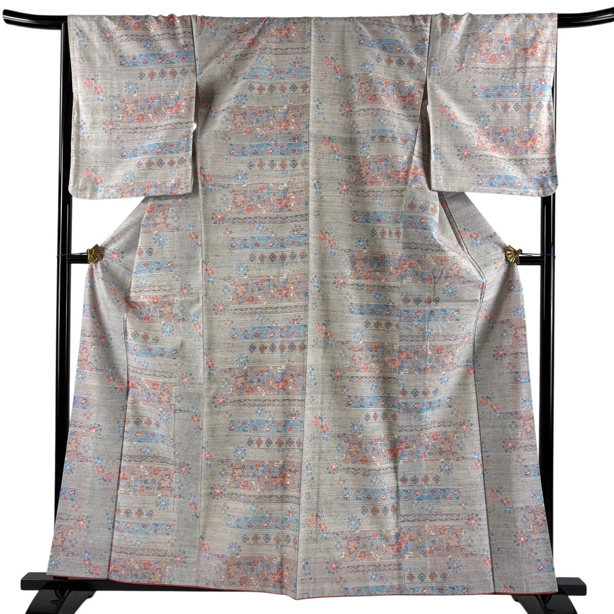 美品】 紬 身丈161cm 裄丈67.5cm L 袷 小千谷紬 証紙あり 草花 灰紫