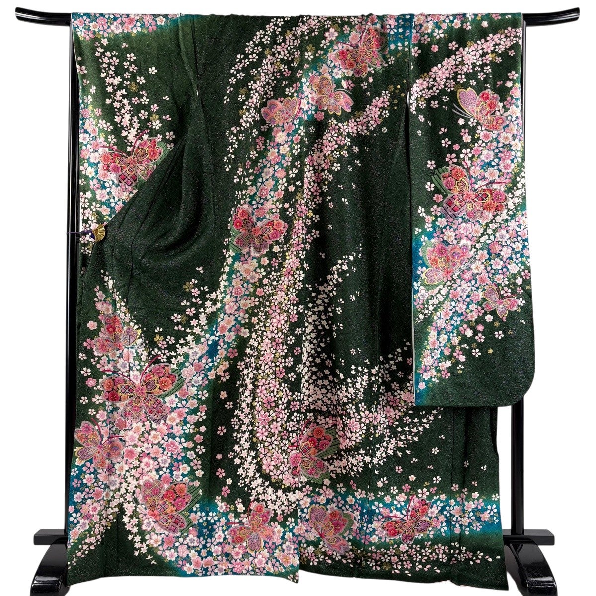 振袖 身丈168.5cm 裄丈72cm L 袷 蝶 桜 銀通し 絞り 深緑 正絹 逸品