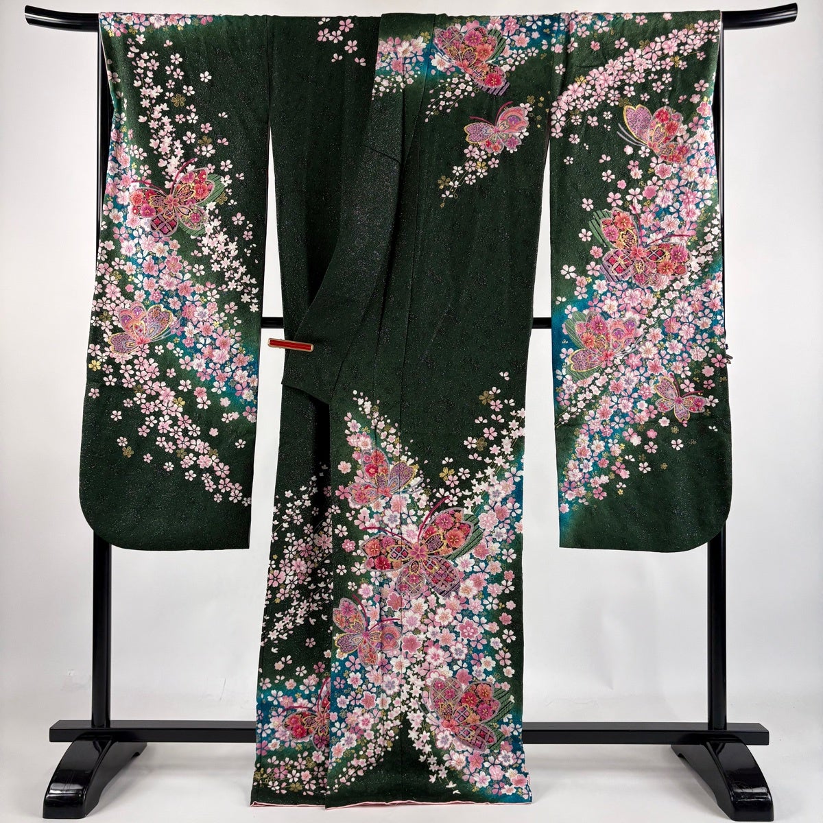 振袖 身丈168.5cm 裄丈72cm L 袷 蝶 桜 銀通し 絞り 深緑 正絹 逸品