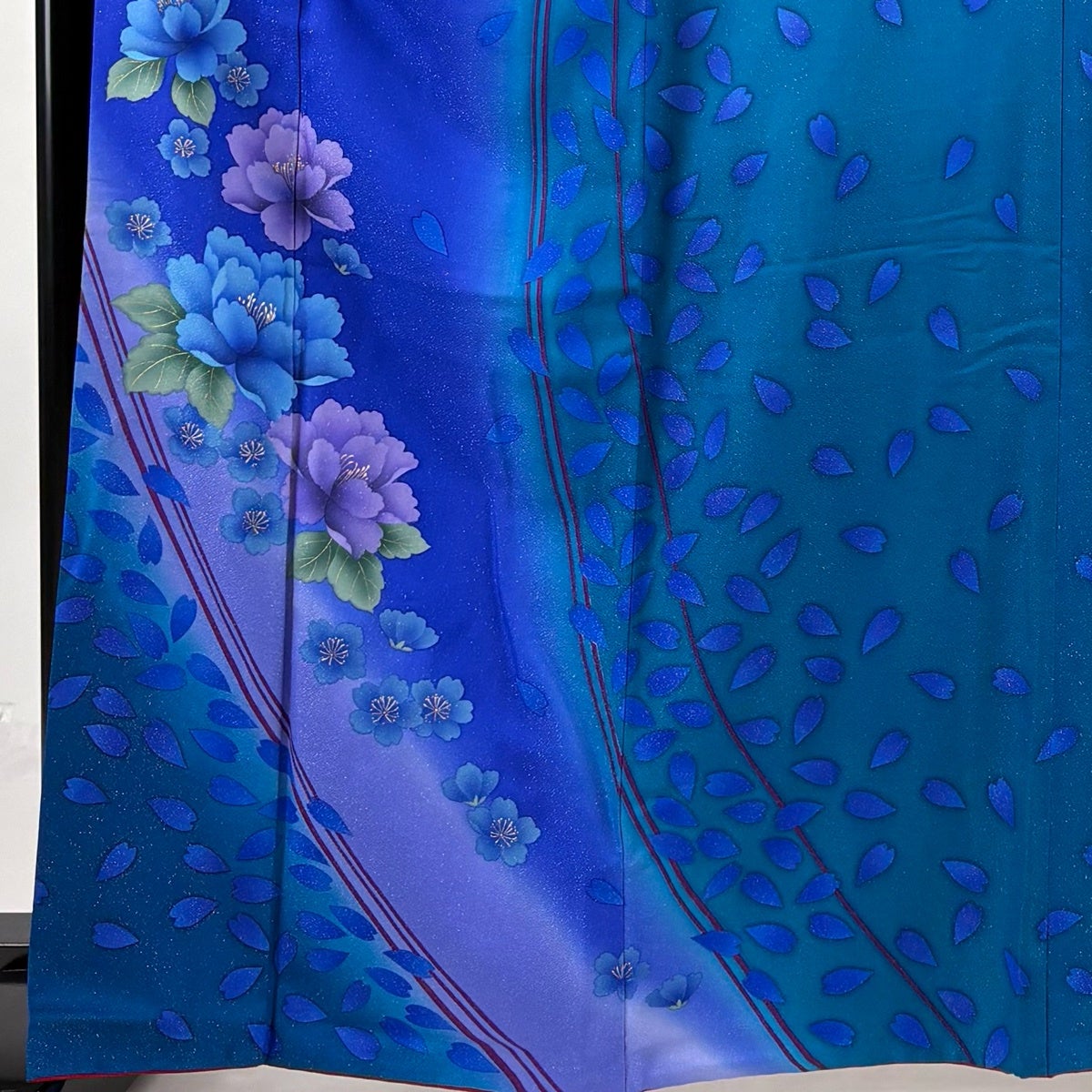 振袖 身丈165cm 裄丈67.5cm L 袷 牡丹 桜の花びら 銀通し 金彩 青紫