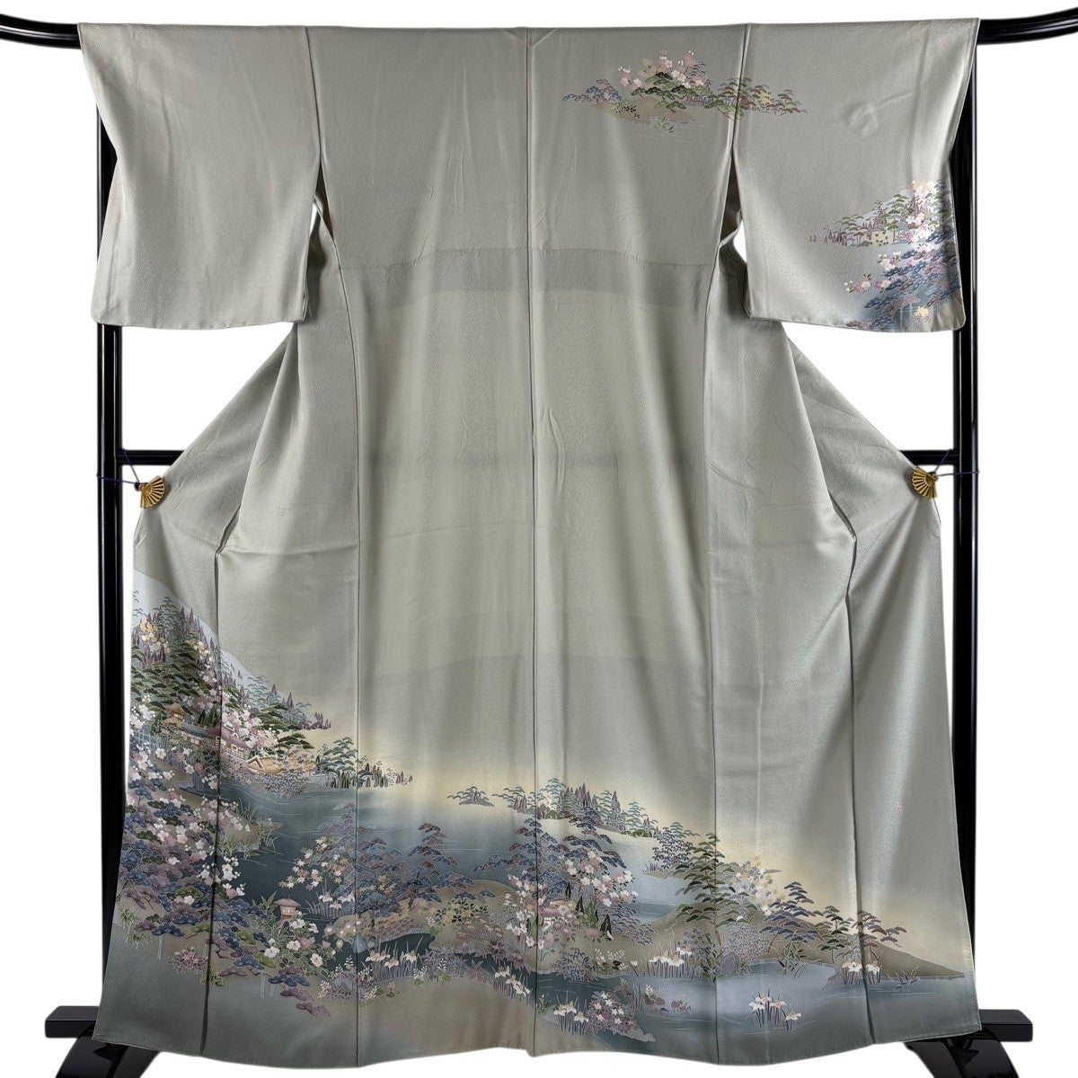 訪問着 身丈161.5cm 裄丈69.5cm L 袷 落款あり 風景 松梅 ぼかし 灰緑