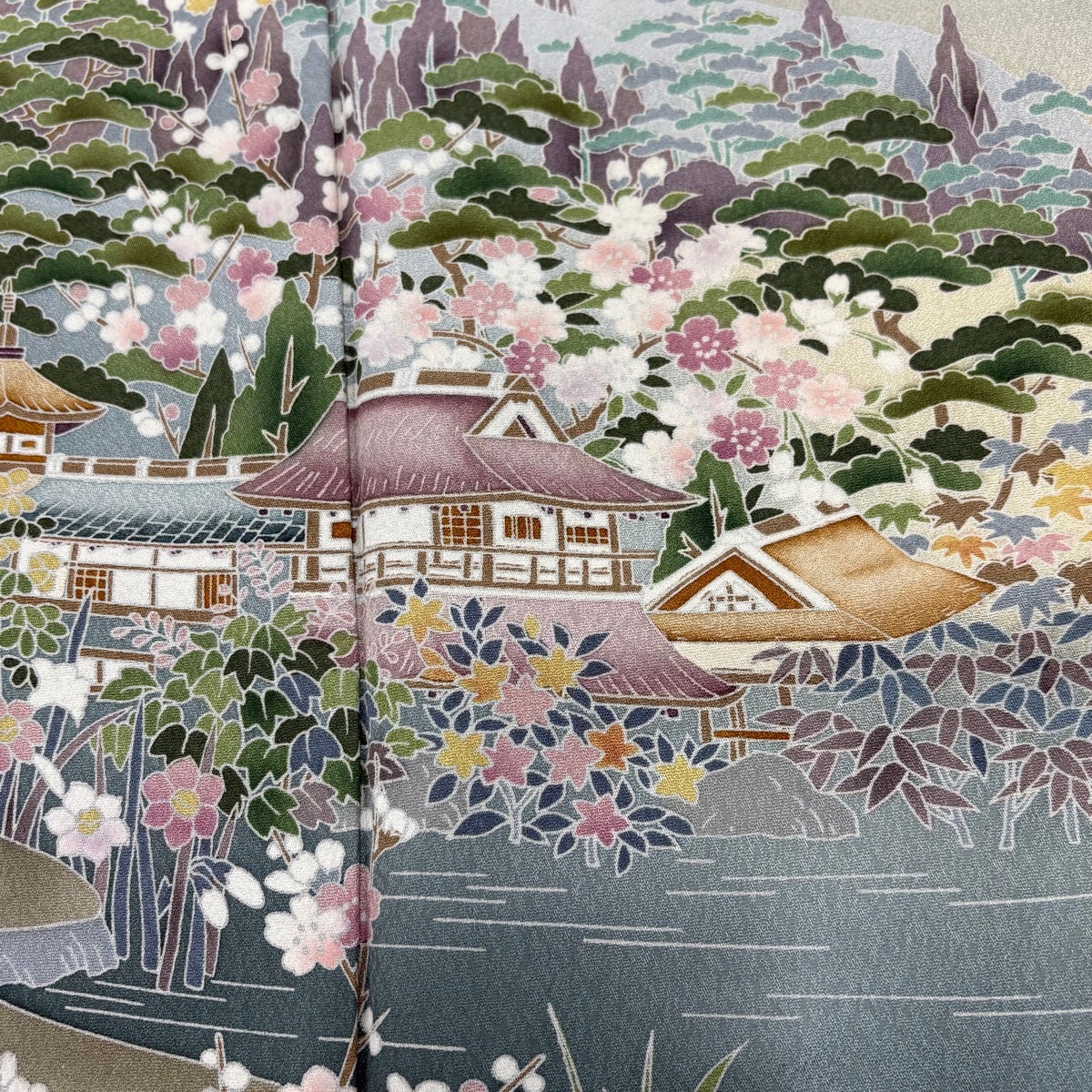訪問着 身丈161.5cm 裄丈69.5cm L 袷 落款あり 風景 松梅 ぼかし 灰緑