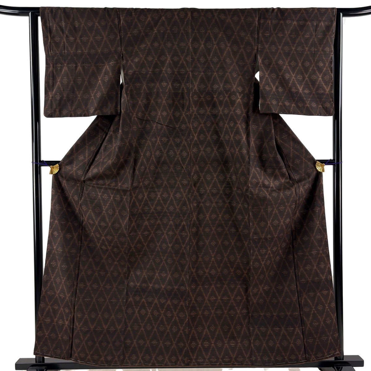 RK408アンティーク子供着物着丈94センチ裄丈40センチ正絹美品 美品】 紬 身丈158cm 裄丈62.5cm S 袷 斜め格子 幾何学 焦茶色 正絹