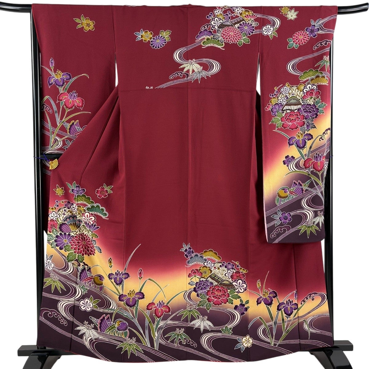 振袖 美品 名品 草花 鴛鴦 ぼかし 染め分け 赤 袷 身丈160cm 裄丈63cm S