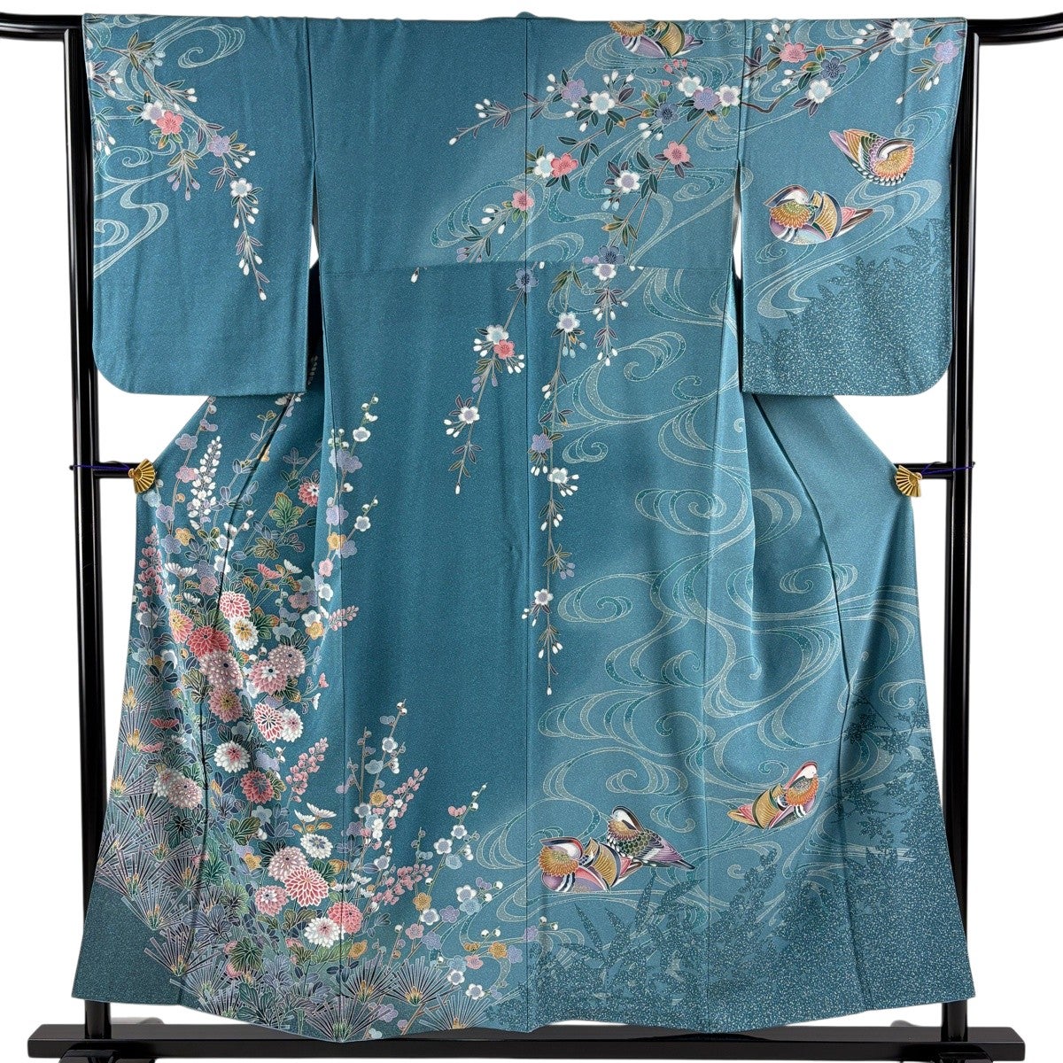 訪問着 身丈154.5cm 裄丈64.5cm M 袷 草花 鴛鴦 金銀彩 ぼかし 青緑