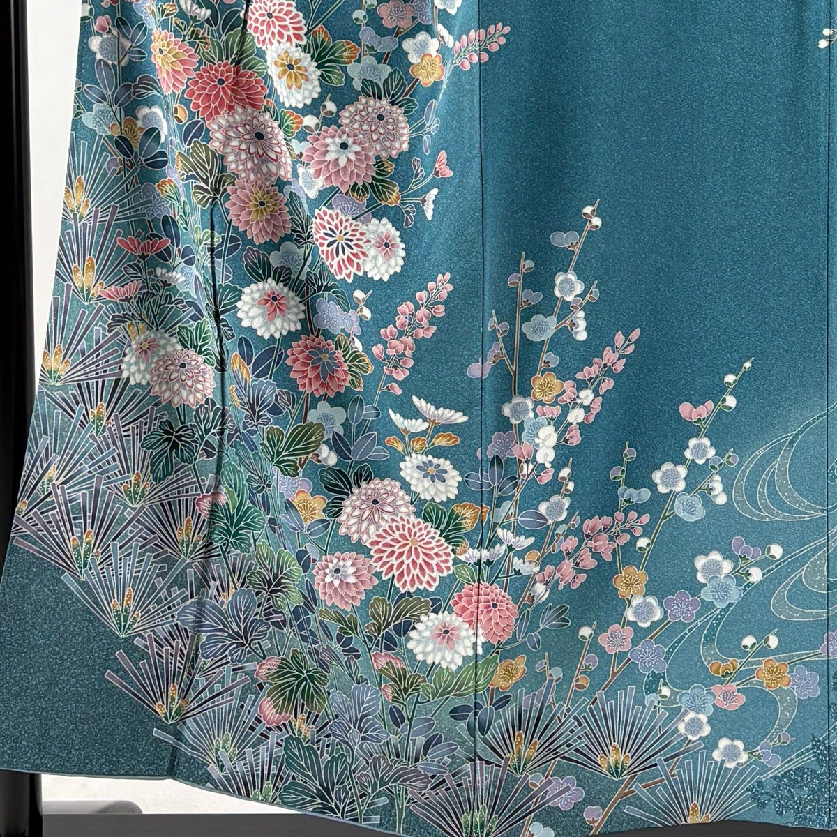訪問着 身丈154.5cm 裄丈64.5cm M 袷 草花 鴛鴦 金銀彩 ぼかし 青緑