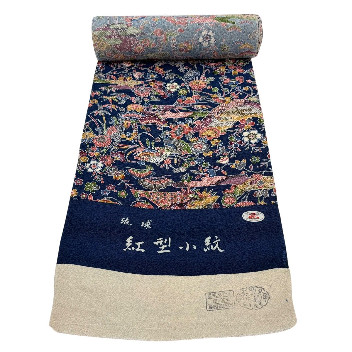 反物 名品 小紋 草花 霞 縮緬 紅型 紺色 正絹｜中古・古着・リサイクル